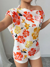 Floral Print One Shoulder Short Sleeve Blouse